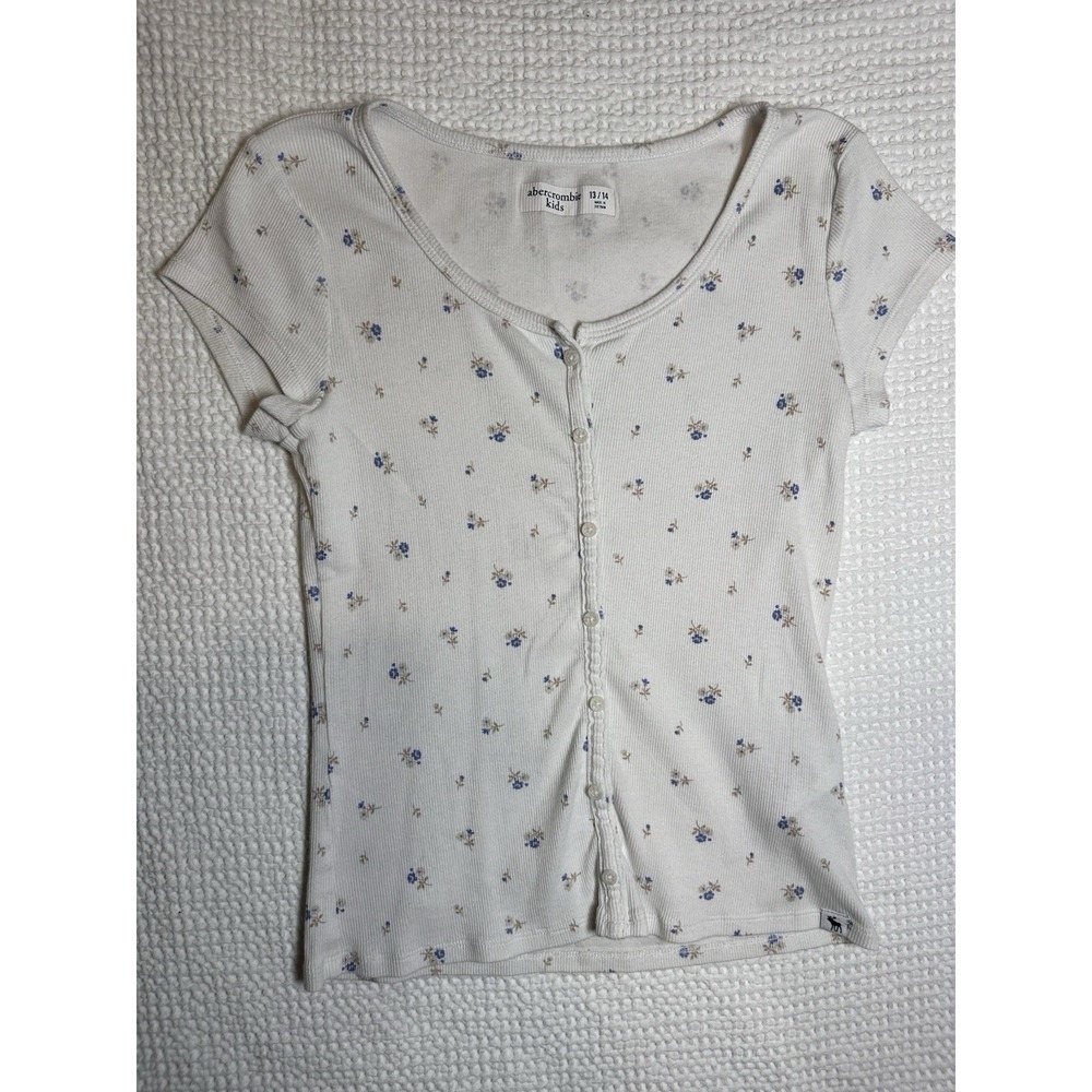 Abercrombie Kids Floral Ribbed Henley Top Ivory Blue Girls Size 13/14 Stretch